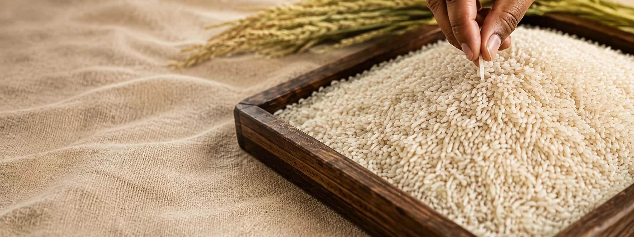 Hand selecting rice grains from a wooden tray