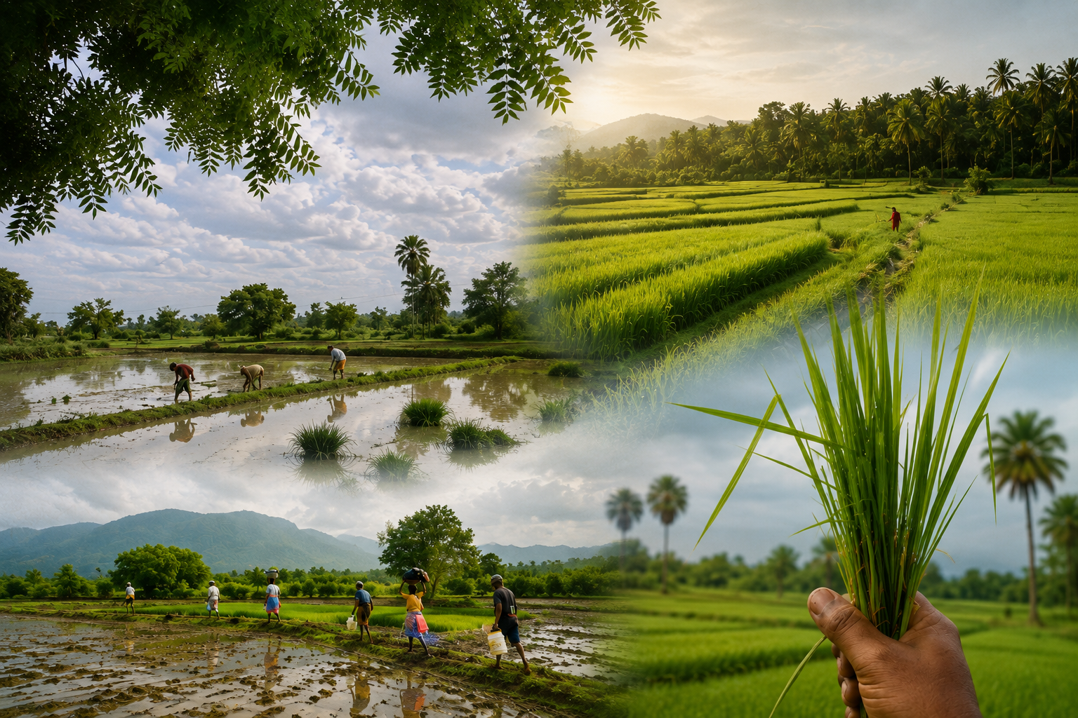 Farmers working a flooded paddy field at dusk