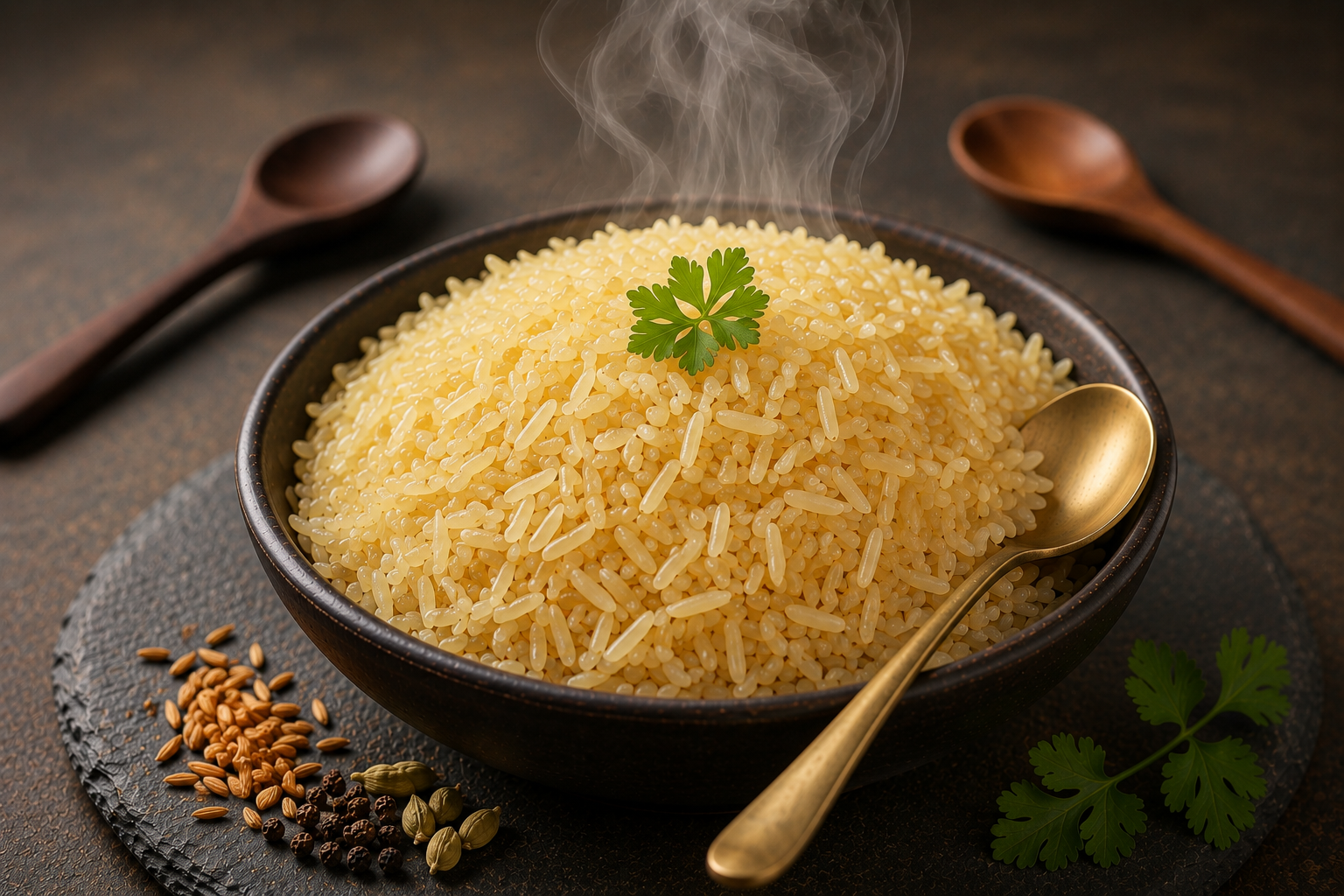 Parboiled rice grains, golden tone