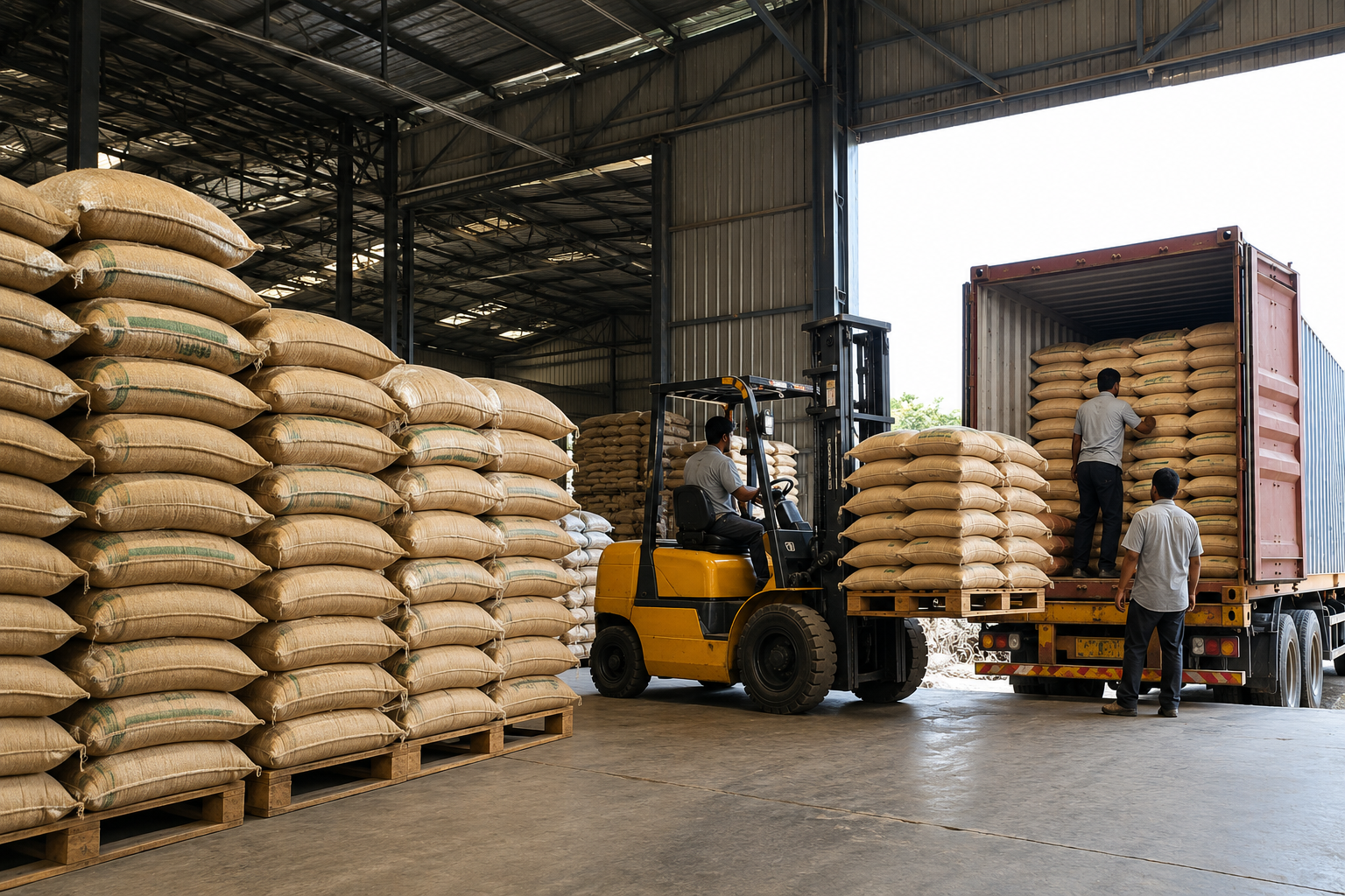 Sacks of rice being loaded at the Richcrop warehouse